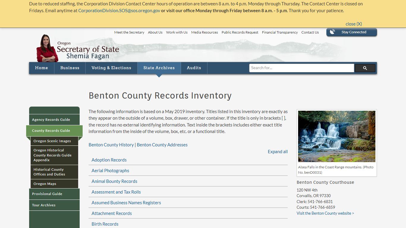 State of Oregon: County Records Guide - Benton County Records Inventory